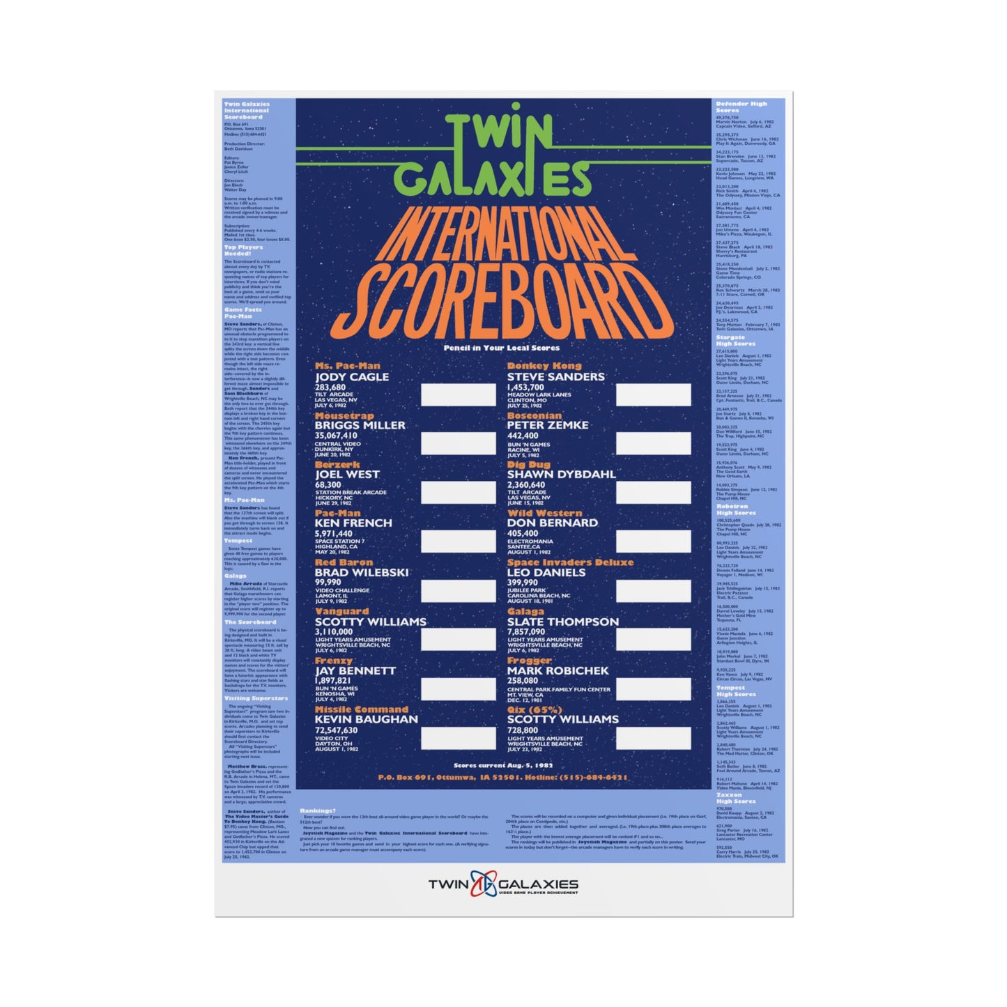 1982 Original Twin Galaxies High Score Poster - RARE!