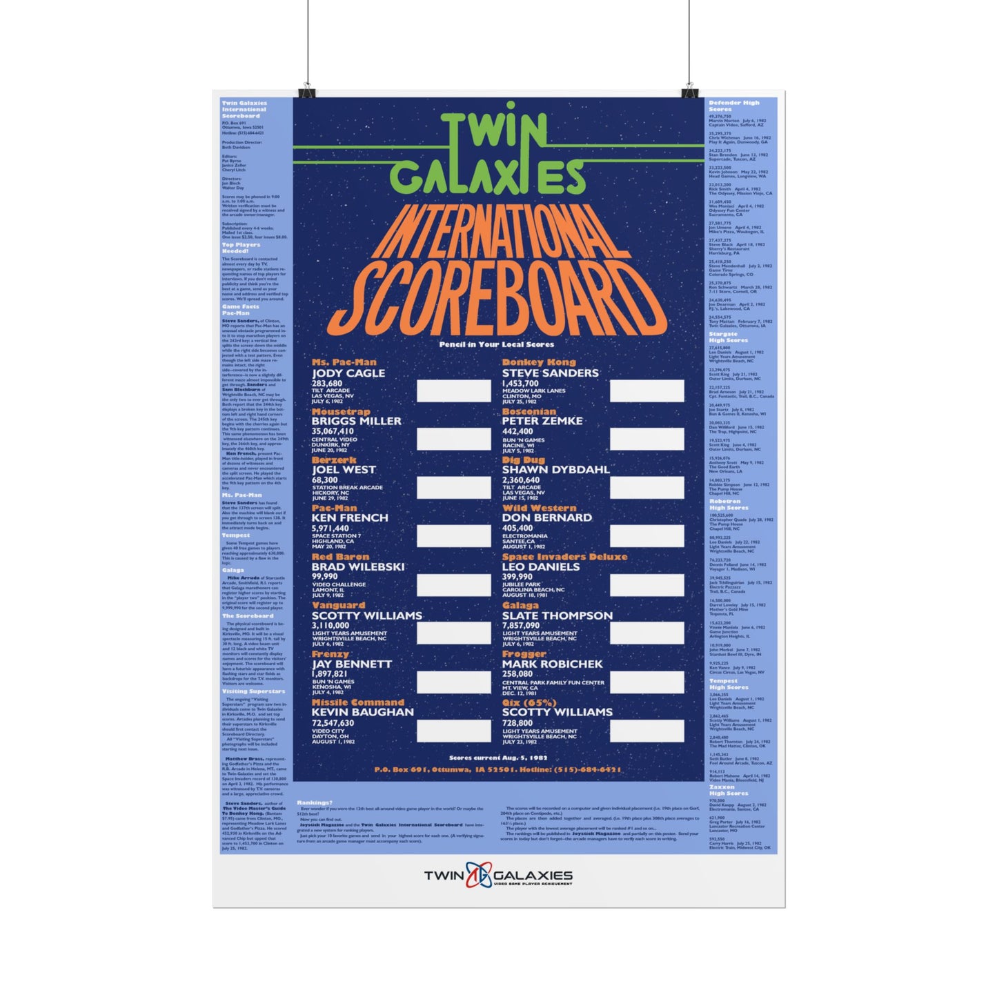 1982 Original Twin Galaxies High Score Poster - RARE!