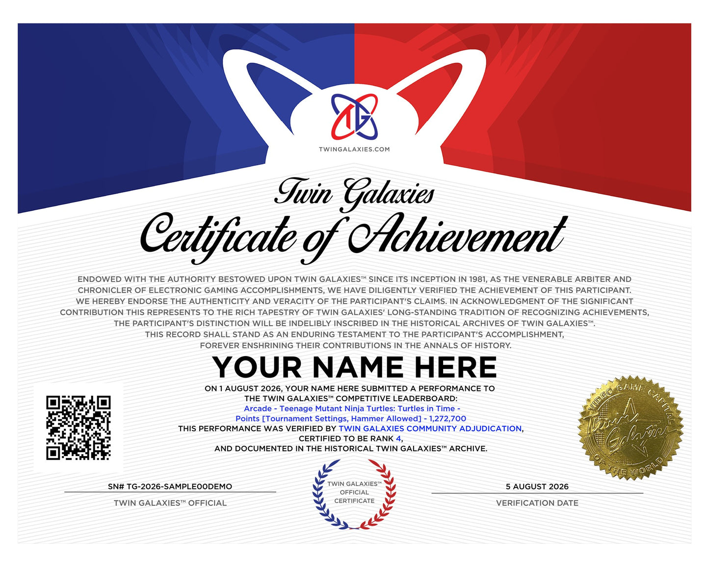 Twin Galaxies Certificate of Achievement, personalised with the buyer's own verified performance