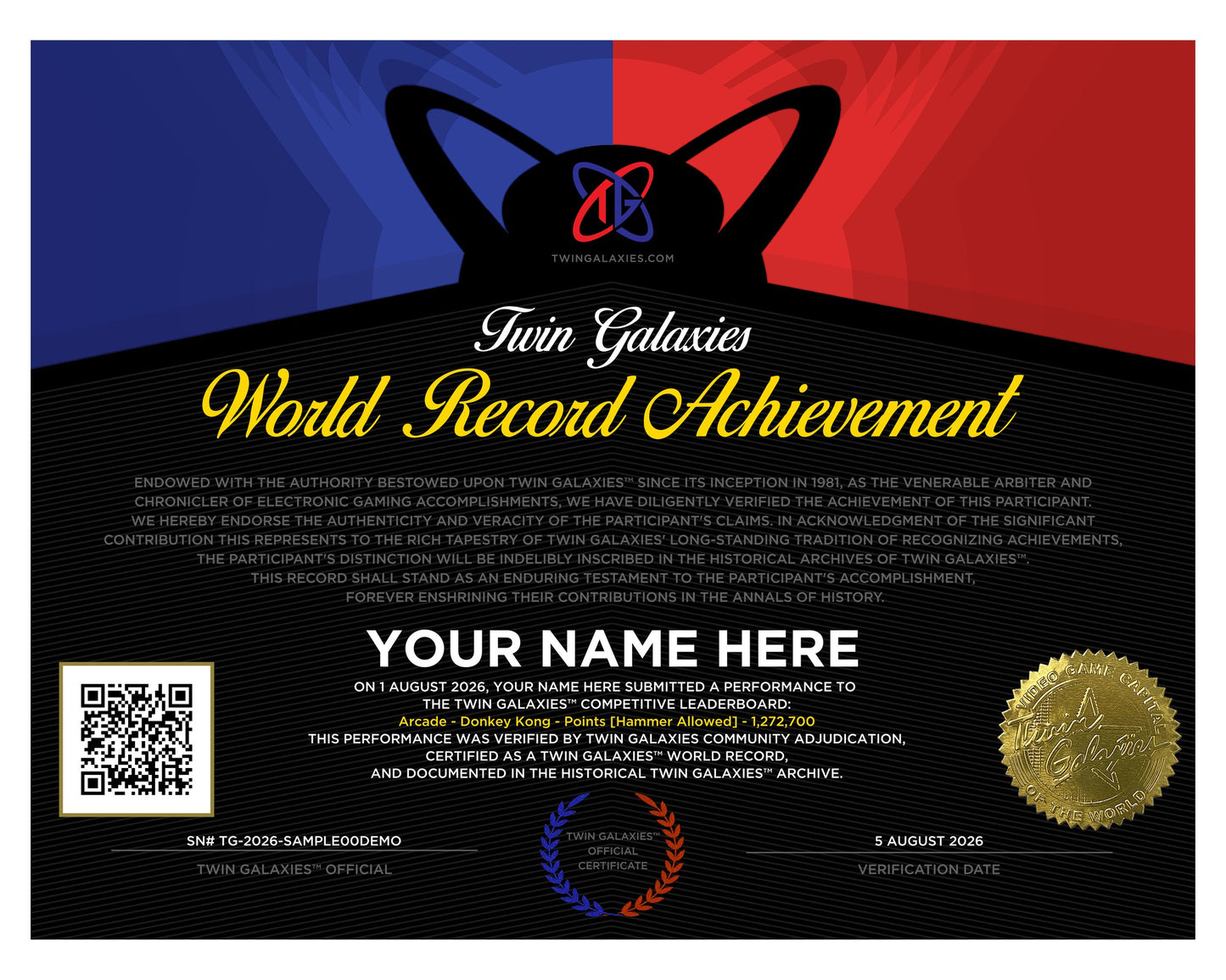 Twin Galaxies World Record certificate, personalised with the buyer's own verified record